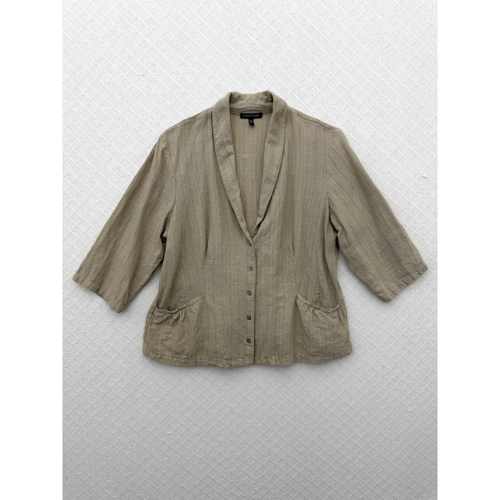 Eileen Fisher Taupe Linen Blend Shawl Collar Peplum 3/4 Sleeve Shacket Lagenlook
